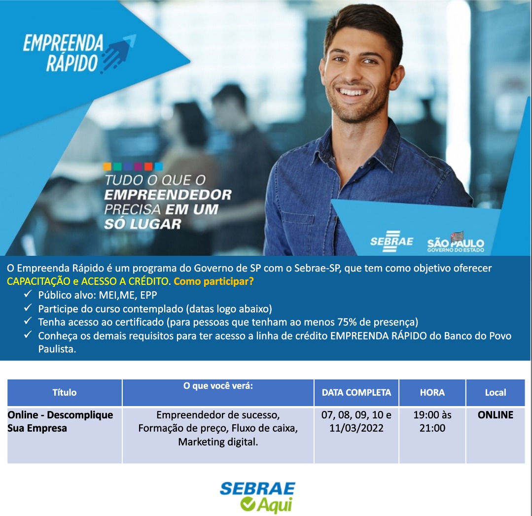 CAPACITAÇÃO - Estão abertas inscrições para curso Descomplique sua Empresa,  em parceria com o Sebrae