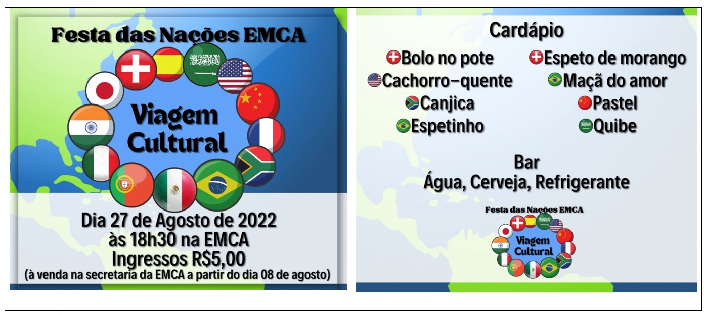 Escola de Cultura realiza “Festa das Nações EMCA “Viagem Cultural”” no dia 27 de agosto