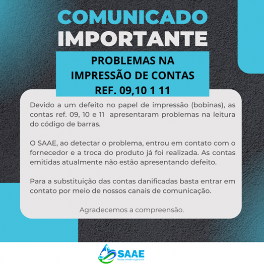 SAAE fala sobre problemas na impressão das contas