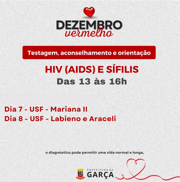  Dezembro Vermelho: hoje tem Testagem Sífilis e HIV próxima a USF Mariana II