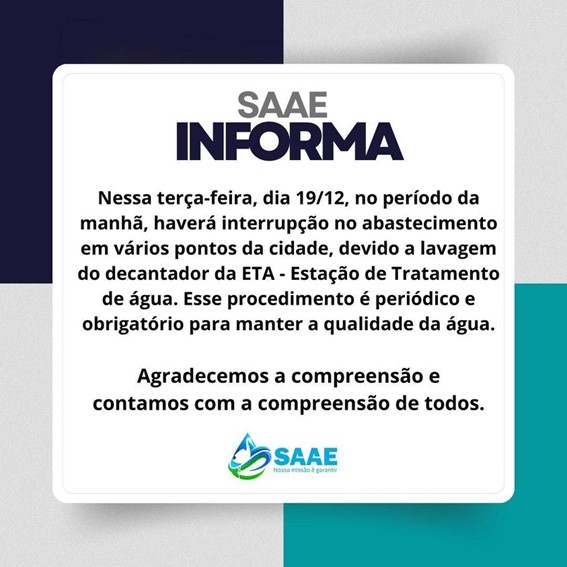 SAAE realiza lavagem dos decantadores hoje: abastecimento ficará comprometido pela manhã