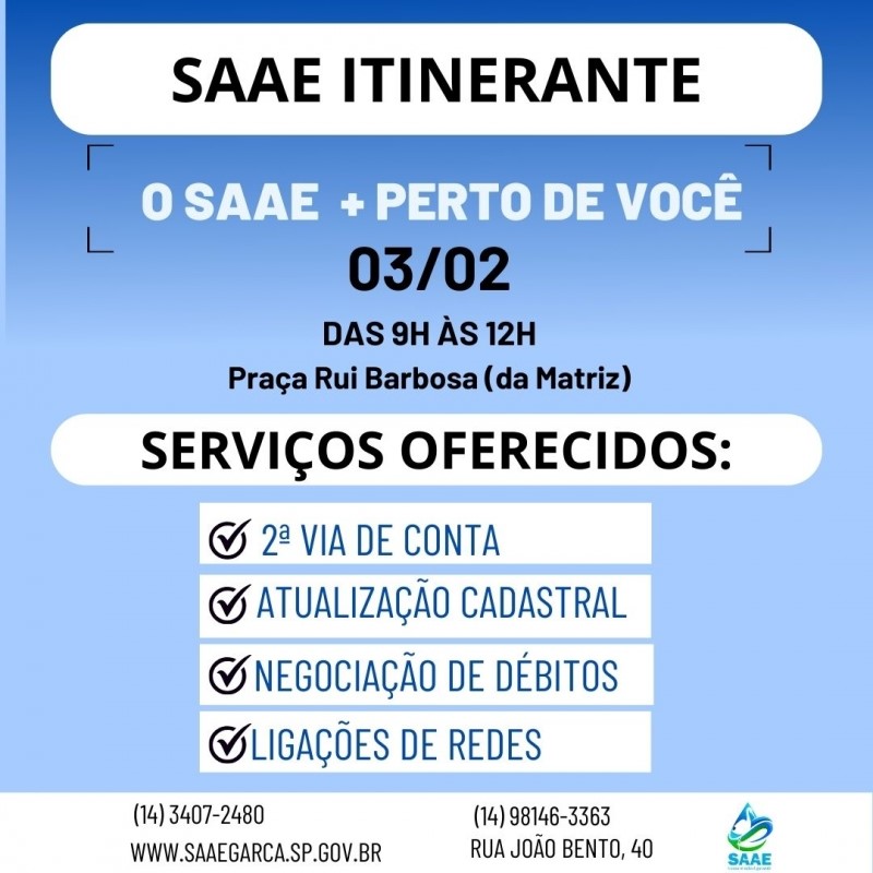 Sábado terá atendimento itinerante do SAAE na Praça da Matriz 