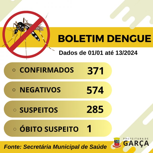 Boletim da dengue: Garça ultrapassa 370 casos positivos neste ano