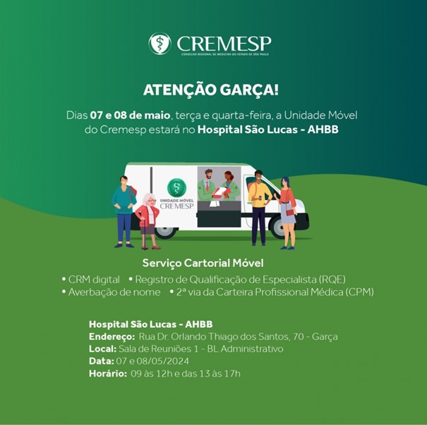 Unidade móvel do CREMESP vai oferecer serviços no Hospital São Lucas em Garça