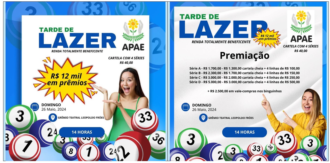 APAE: continuam vendas das cartelas para “Tarde de Lazer” que terá 12 mil reais em prêmios