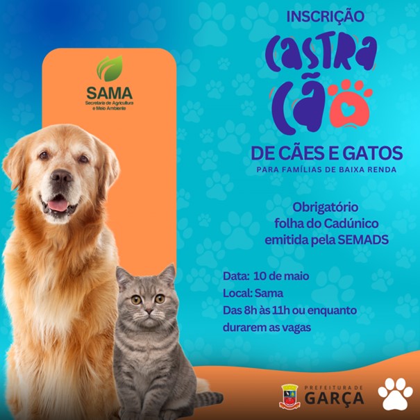 Inscrições para a castração de cães e gatos de família de baixa renda