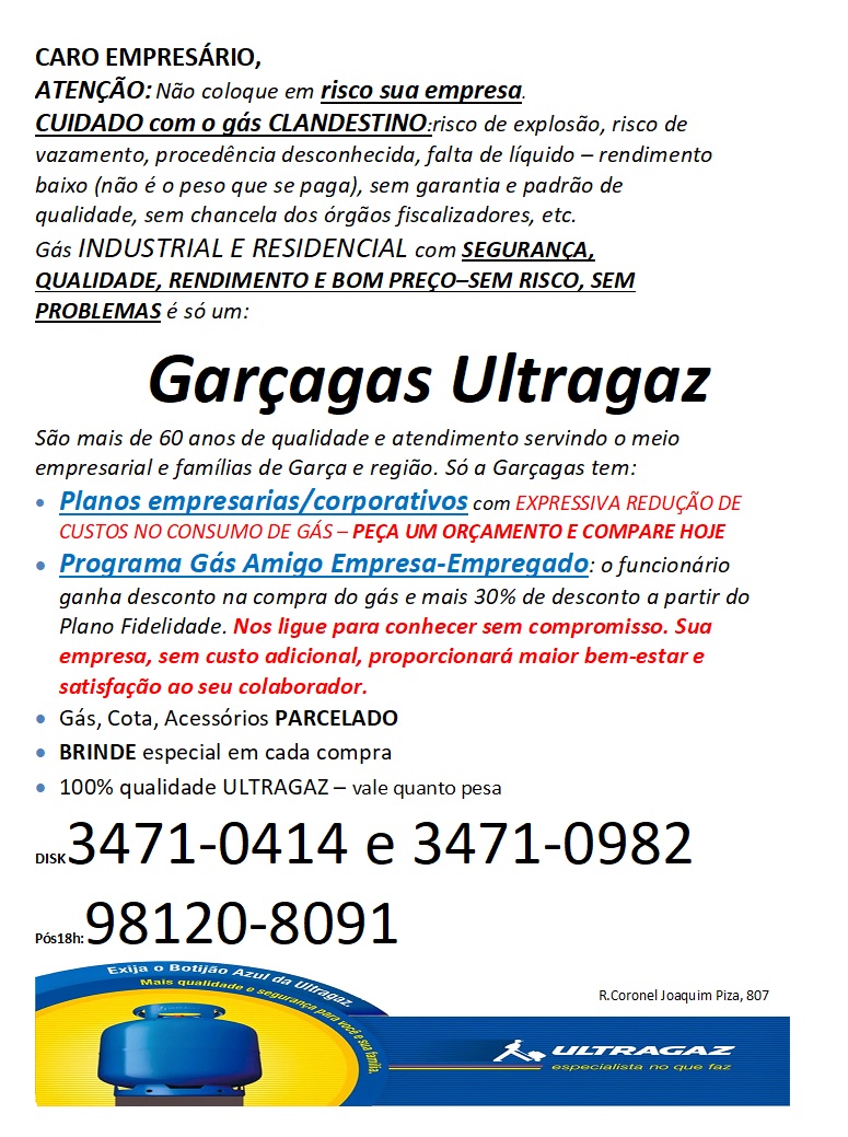 Garçagas – Ultragaz: empresa garcense oferece qualidade e segurança  